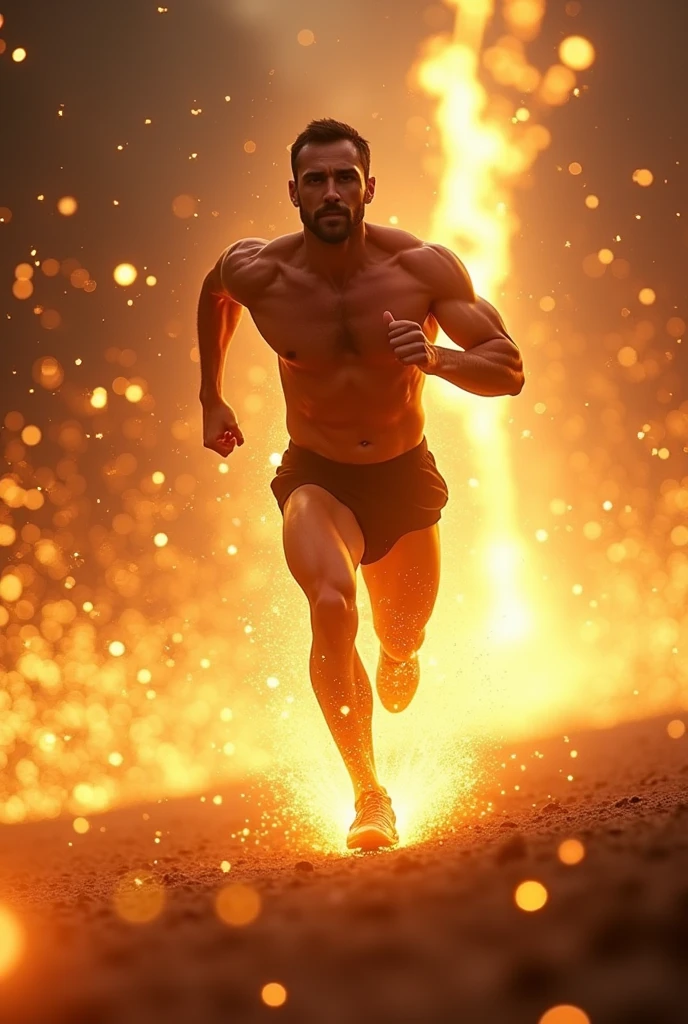 a man running at the speed of light, dynamic motion blur, superhuman speed, muscular male figure, glowing golden energy aura, dynamic pose, powerful movement, dramatic lighting, vibrant colors, cinematic composition, hyper-realistic, 8k, masterpiece, stunning detail, photorealistic, cinematic lighting, heroic, epic, sci-fi, digital art