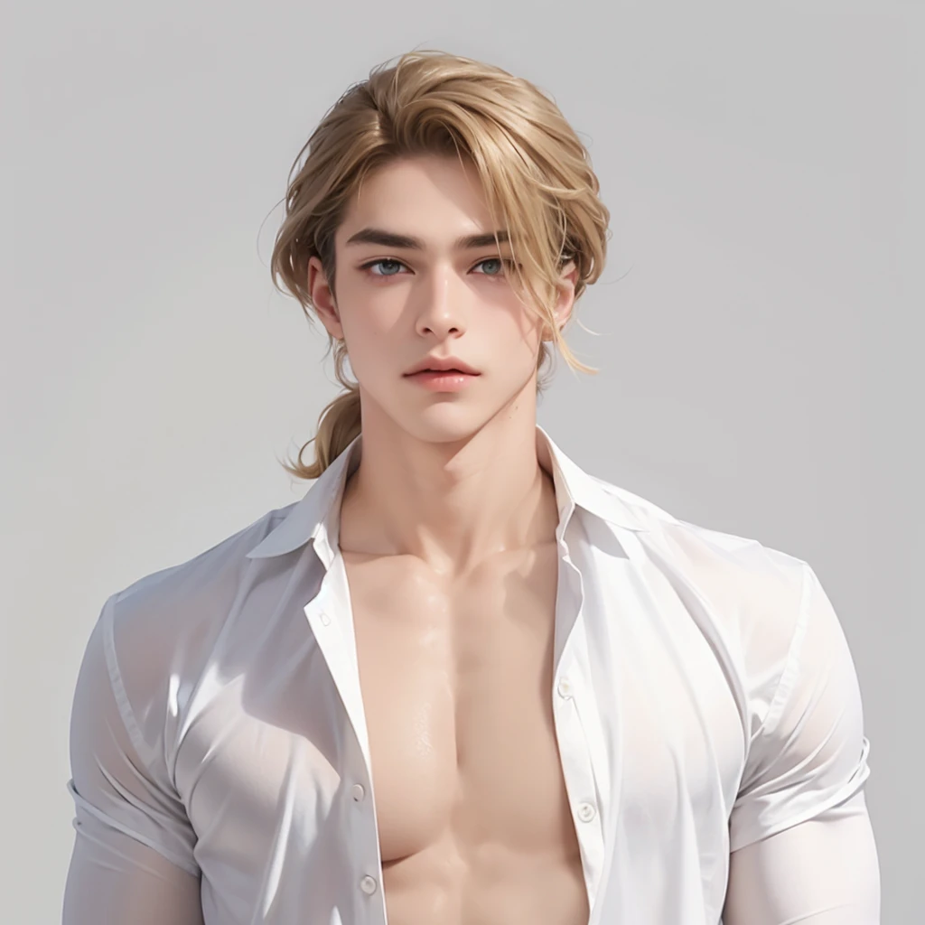 （No light and shadow environment：2），Soothing tones,Soft colors，A 23-year-old European and American model，（Shut up：1.5），（Hair sticking to scalp：1.5），Golden brown slightly curly shoulder-length hair，Ponytail hairstyle，Middle parting hairstyle，Edward Furlan，blond，With a melancholy expression，Blonde curly hair，male，White background，High Detail，male焦点，Abdominal muscles，Chest muscles，White shirt，Looking at the audience，