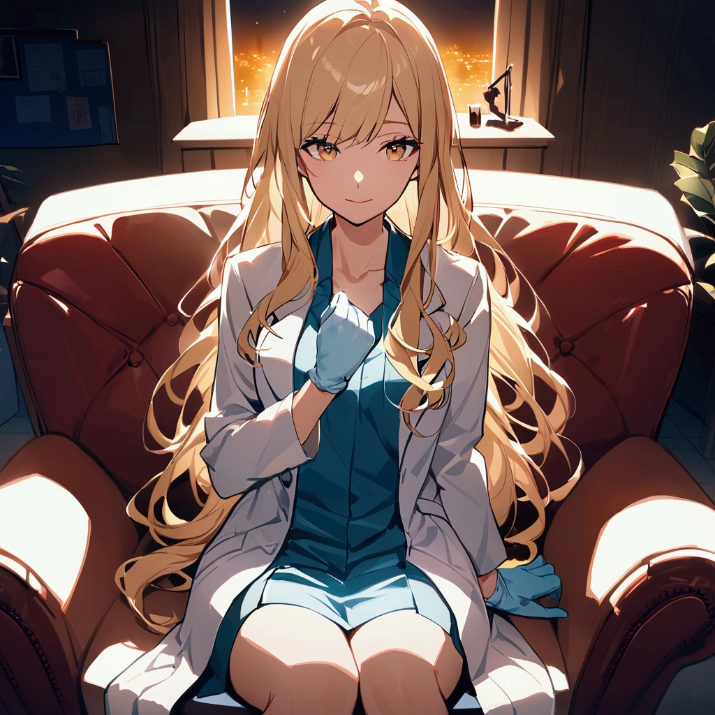 Living room background, night time, Lab coat, surgical gloves, long hair, 1woman, blond hair, shining hair, sitting on couch. Medium breast, facing viewer.