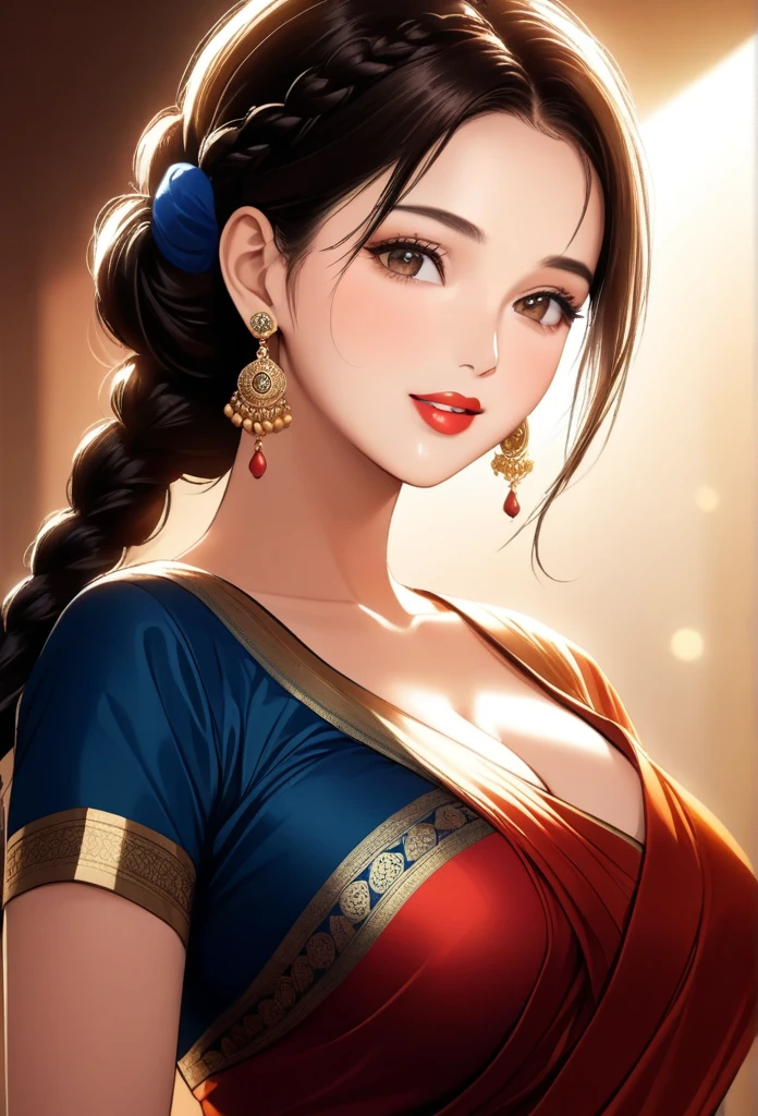 (1woman, mature, single hair braid, Multicolor silk saree, big long jhumka earrings, detailed alluring eyes, smooth detailed lips, beautiful face, smiling, red lipstick, navel, bangles, blue ribbon, saggy breasts, photorealistic, 8k, ultra-detailed, intricate, high quality, professional, masterpiece, hyper realistic, dramatic lighting, warm color tones, cinematic composition, volumetric lighting, chiaroscuro, vibrant colors, atmospheric, depth of field)