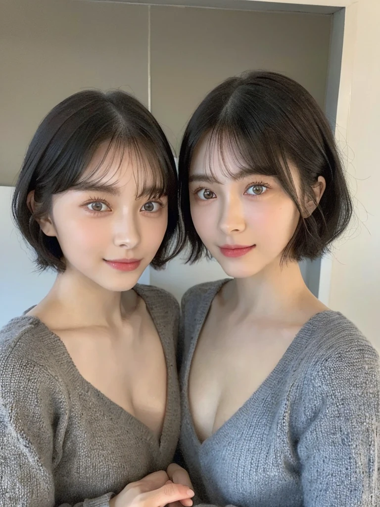 (masterpiece:1.3), (8k, Photoreal, Raw photo, best image quality: 1.4), Japanese high school girl、(random hairstyle:1.2)、cleavage:1.5、super detail face、eye for details、double eyelid、chest to chest、sharp focus:1.2、Beautiful woman:1.4、light brown hair、highest quality、masterpiece、超A high resolution、(Photoreal:1.4)、Highly detailed and professionally lit smiles、loose and light knitwear、shoulder out、thin、serious expression、short haired、deadly position
similar identical twins
All the girls have the exact same face, The two have the same face and figure, as if they were mirror images.