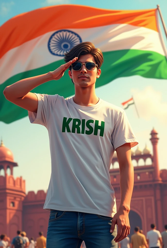 Create a Realistic picture of an 18-year old boy wearing a white t shirt and blue jeans.he is saluting a big flying Indian flag, with the red fort in the background. The name "KRISH" on is written"t shirt in bold letters, sunglasses. The overall image should have a divine background, reminiscent of republic day, with people celebrating