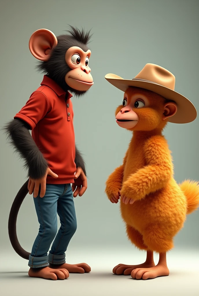 A monkey wearing a red long-sleeved shirt and jeans is standing and talking to a normal nugget wearing a cowboy hat.