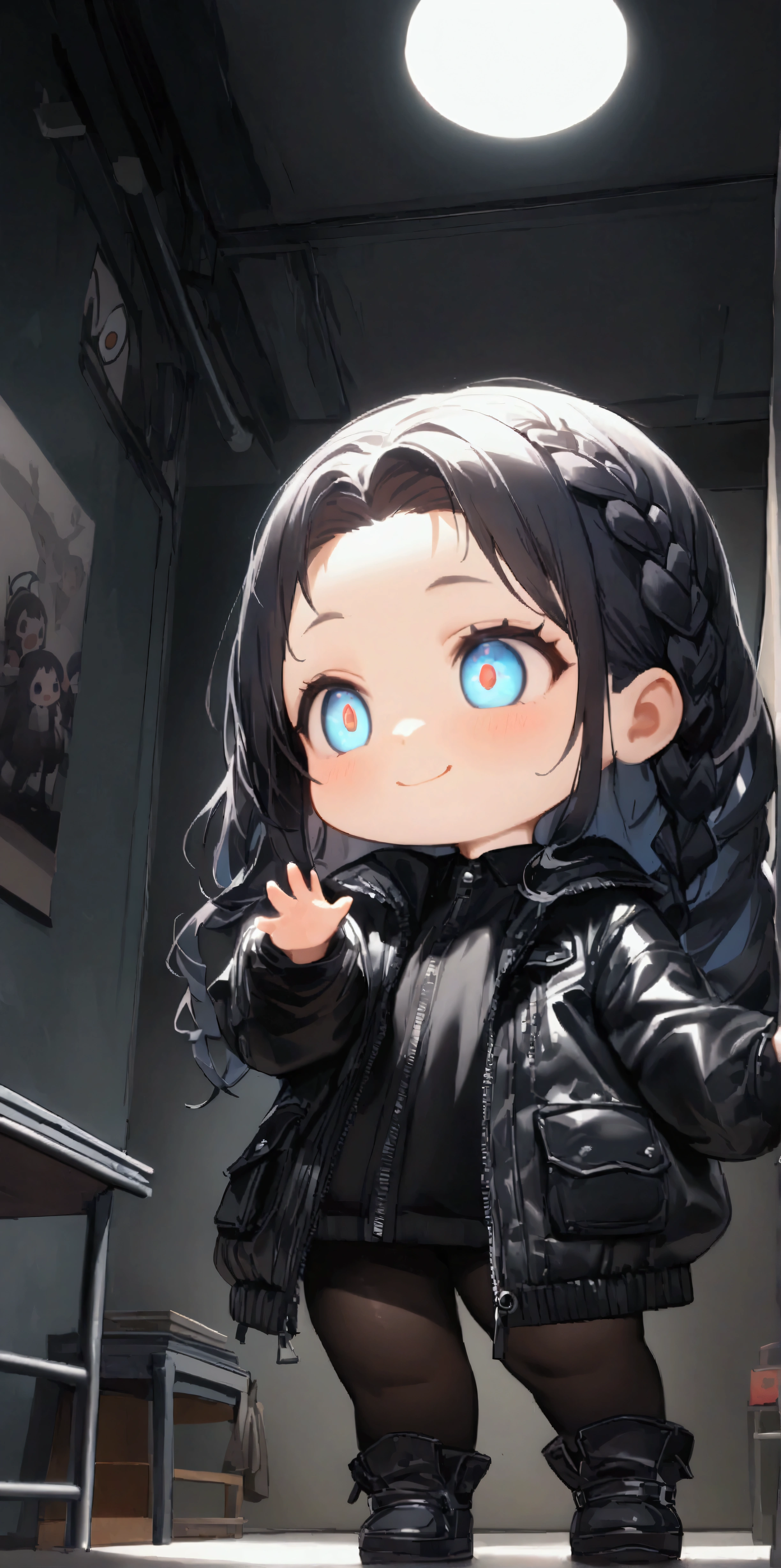 quality\(masterpiece, best quality,8k,wallpaper of extremely detailed CG unit,hight resolution,top-quality,top-quality real texture skin,hyper realisitic,increase the resolution,RAW photos,best qualtiy,highly detailed,the wallpaper\), BREAK ,1girl\(chibi,super cute, adorable, kawaii,small kid,,chibi,big smile,cute smile,wearing jacket\(leather\(very detailed\),(black:1.3),(((very big))),too big,smooth, shiny,over long sleeves\),weaing only jacket,full body,big eyes,cosmic eyes,long hair\(cosmic hair,braid hair,\)\), BREAK ,background\(at fashion studio,flowers\((black:1.3),many kinds of flowers,beautiful\),best lighting,\),flom below