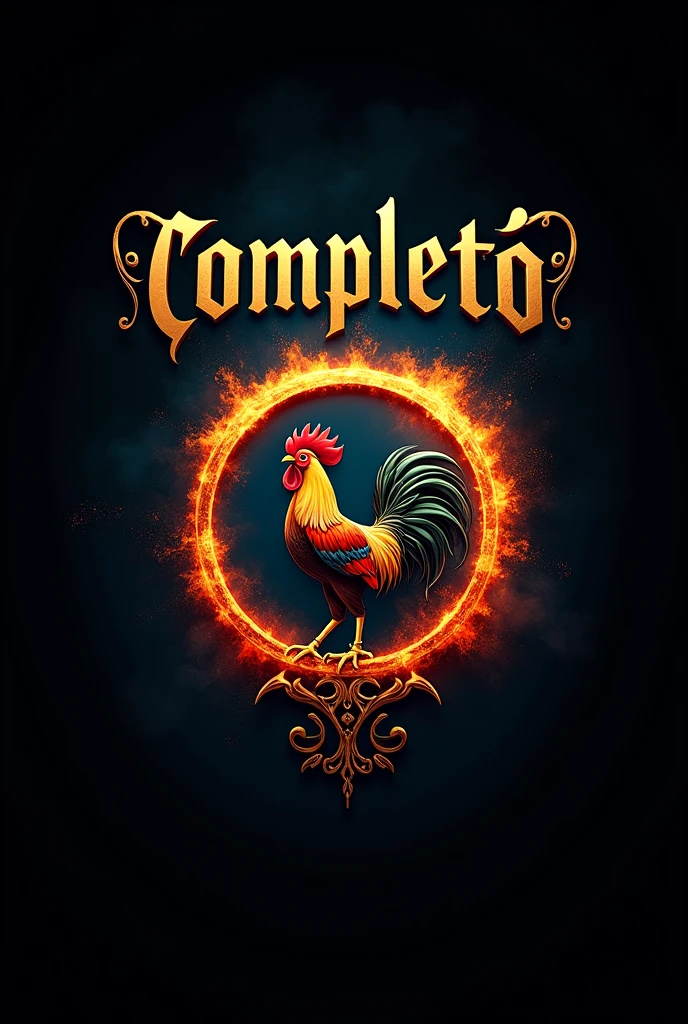 A logo that bears the word Complete  in Spanish 
San Francisco Totimehuacan Puebla
 At the top In gold letters with a black and blue background and in the center a ring of fire with a rooster in the center 
