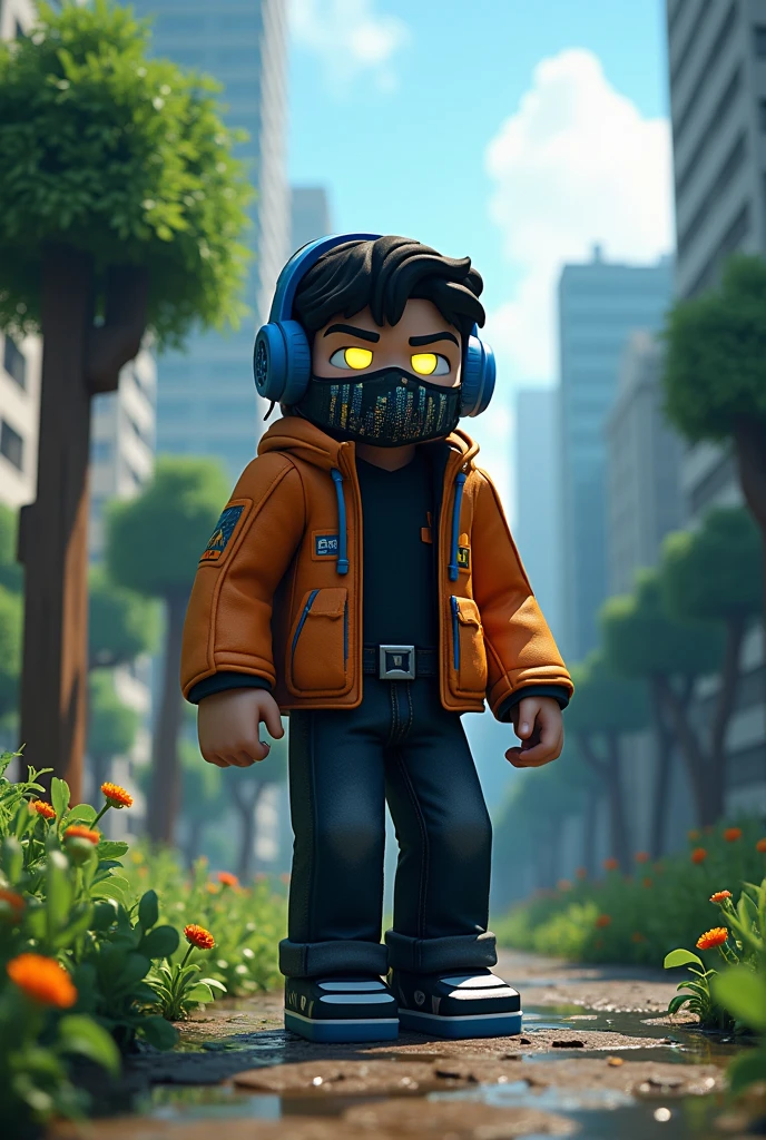 A teenage boy wearing a black shirt, black pants, blue shoes, an orange jacket and a blue headset, wearing a black mask and yellow eyes, and is in Minecraft, but his skin is a city and he is destroying trees.