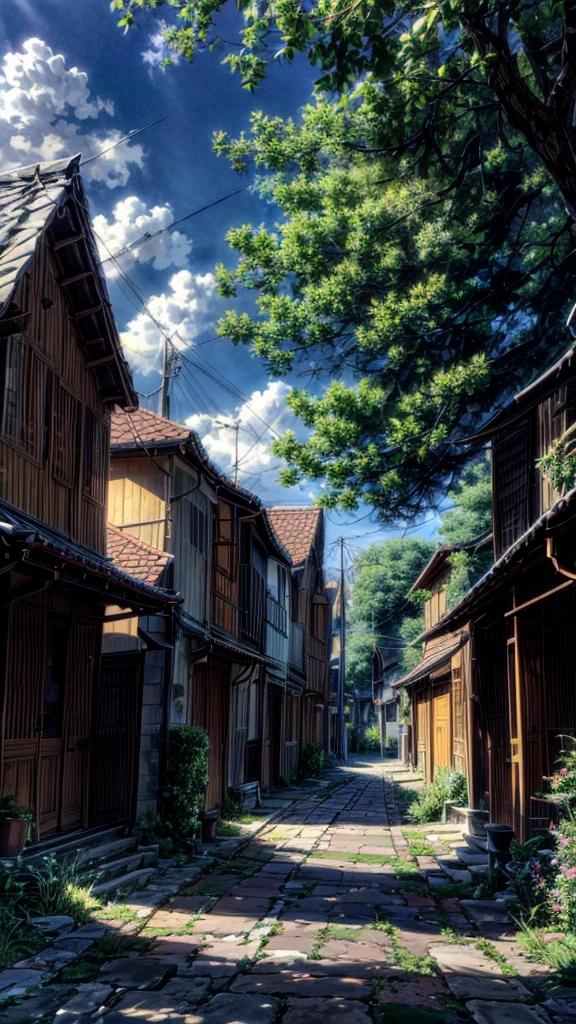 Create a serene village scene that exudes peace and relaxation. The village is nestled among gently rolling hills, with quaint, charming cottages adorned with blooming flower gardens. A winding cobblestone path leads through the village, lined with tall, leafy trees swaying gently in the breeze. The sky above is a breathtaking display of soft pastel hues, with fluffy clouds scattered across a clear blue expanse. Golden sunlight bathes the entire scene, casting warm, gentle shadows and creating a tranquil, dreamlike atmosphere.