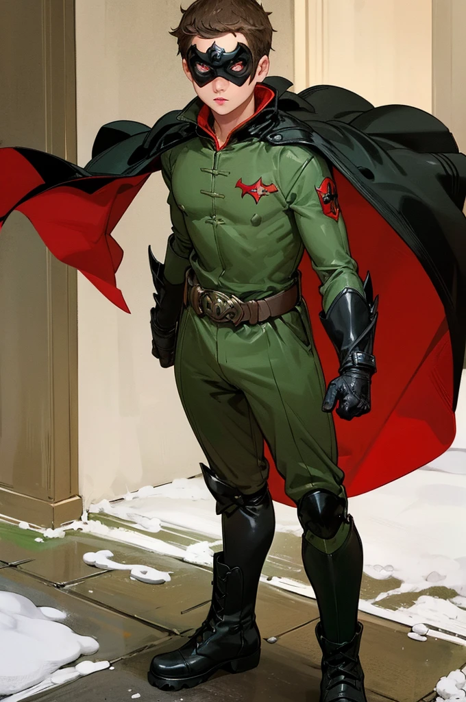 1male , Young Male ,combat Gloves, combat Boots ,robin cape (DC) , Black Hero Mask with whites out eyes , Messy Hair , Serious Expression , Standing on sidewalk , Robin outfit (DC)