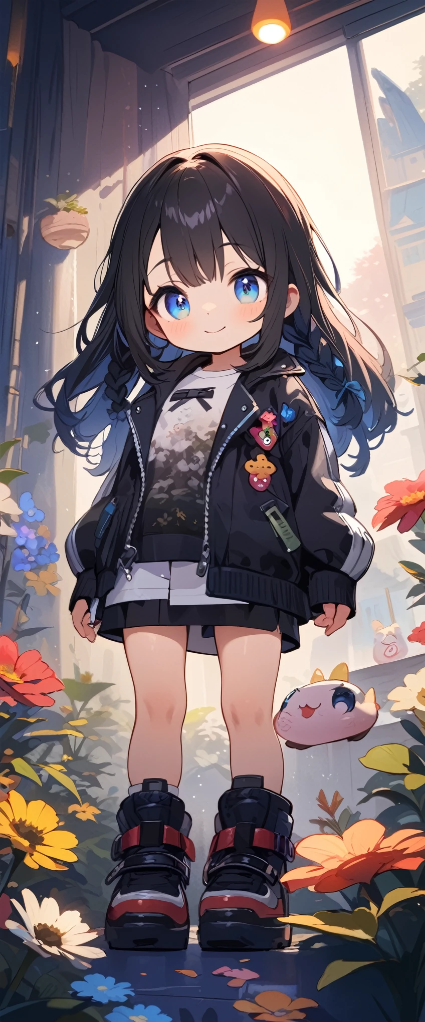 quality\(masterpiece, best quality,8k,wallpaper of extremely detailed CG unit,hight resolution,top-quality,top-quality real texture skin,hyper realisitic,increase the resolution,RAW photos,best qualtiy,highly detailed,the wallpaper\), BREAK ,1girl\(chibi,super cute, adorable, kawaii,small ???,5 years old,chibi,big smile,cute smile,wearing jacket\((((leather\(very detailed\)))),(black:1.3),(((very big))),too big,smooth, shiny,over long sleeves\),weaing only jacket,full body,big eyes,cosmic eyes,long hair\(cosmic hair,braid hair,\)\), BREAK ,background\(at fashion studio,flowers\((black:1.3),many kinds of flowers,beautiful\),best lighting,\),flom below
