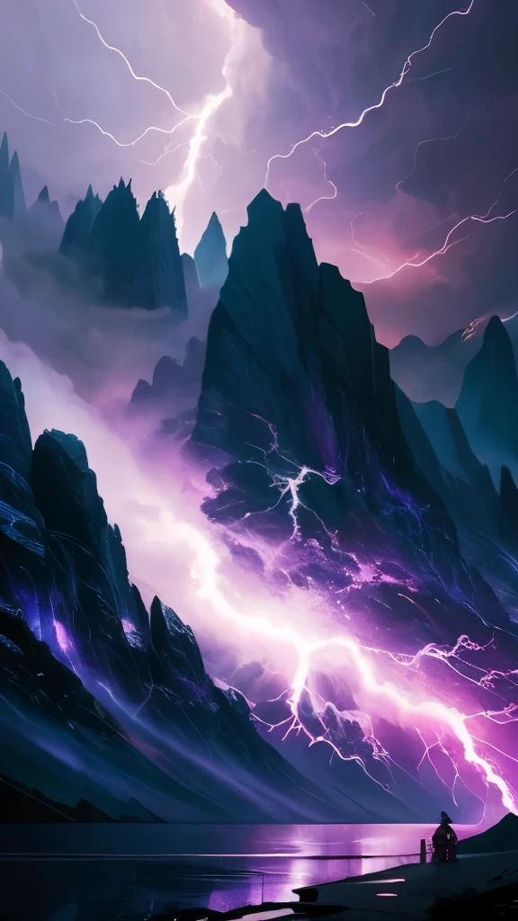 purple lightning streaks over a body of water under a cloudy sky, a picture by Anato Finnstark, tumblr, romanticism, dramatic purple thunders, pink lightning, pink storm clouds, magenta lighting. fantasy, purple lightning, beautiful lightning, dramatic pink light, purple. ambient lightning, lightning clouds, beatifull lightning, amazing lightning, exquisite lightning