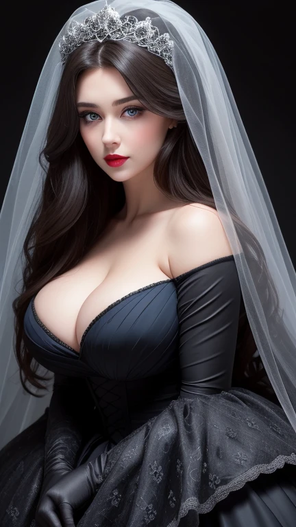 Perfect face,wearing a black wedding dress, white veil,gray background, woman with very long dark brown hair, blue eyes,red lips, perfect face,red lips,blue eyes,big butts, big breasts,curvy body