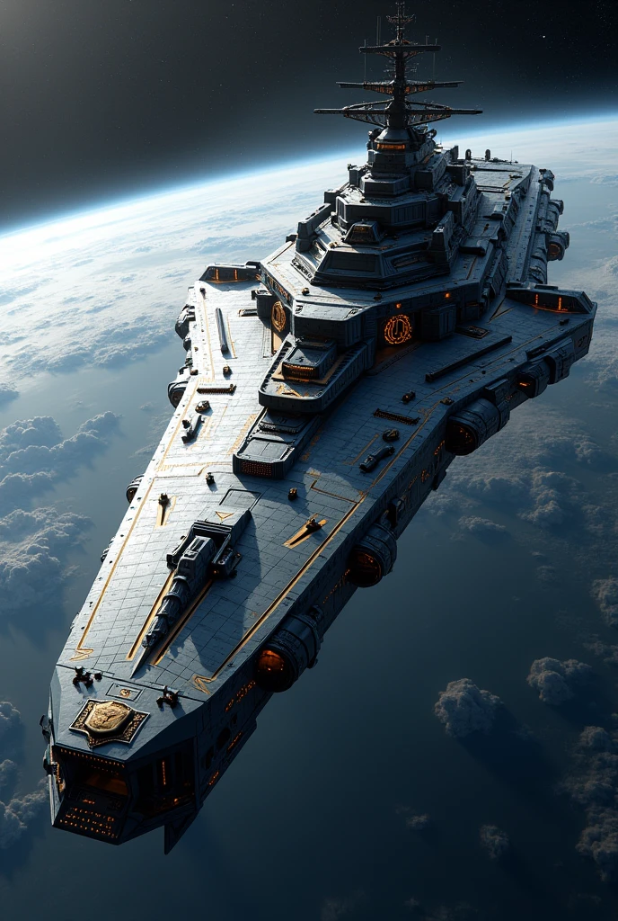 photorealistic long scifi super dreadnought spaceship in Earth's orbit, inspired by ancient norse war ships, mythology and history 
