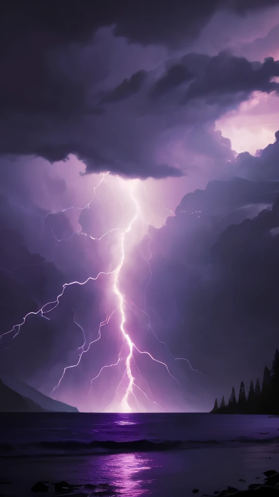 purple lightning streaks over a body of water under a cloudy sky, a picture by Anato Finnstark, tumblr, romanticism, dramatic purple thunders, pink lightning, pink storm clouds, magenta lighting. fantasy, purple lightning, beautiful lightning, dramatic pink light, purple. ambient lightning, lightning clouds, beatifull lightning, amazing lightning, exquisite lightning