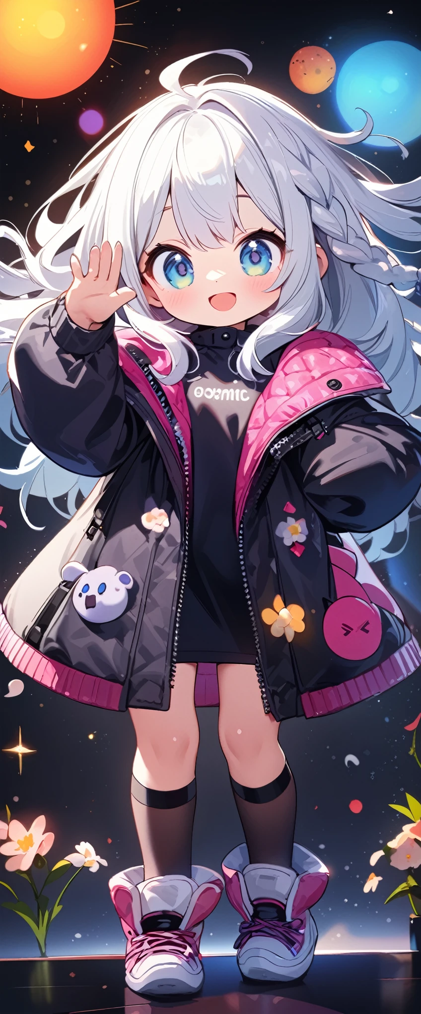 quality\(masterpiece, best quality,8k,wallpaper of extremely detailed CG unit,hight resolution,top-quality,top-quality real texture skin,hyper realisitic,increase the resolution,RAW photos,best qualtiy,highly detailed,the wallpaper\), BREAK ,1girl\(chibi,super cute, adorable, kawaii,,5 years oldg smile,cute smile,wearing jacket\((((leather\(very detailed\)))),(black:1.3),(((very big))),too big,smooth, shiny,over long sleeves\),weaing only jacket,full body,big eyes,cosmic eyes,long hair\(cosmic hair,braid hair,\)\), BREAK ,background\(at fashion studio,flowers\((black:1.3),many kinds of flowers,beautiful\),best lighting,\),flom below