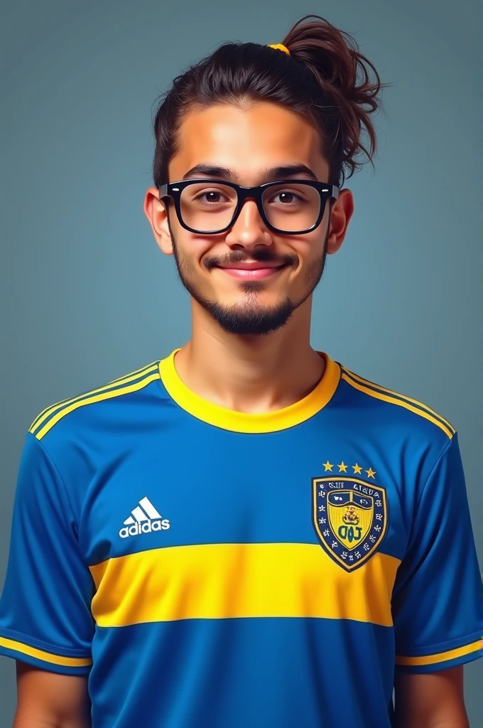 Young man with ponytail, goatee and glasses, wearing the shirt of the Boca Juniors athletic club from Argentina (It is blue and has a yellow stripe that covers the entire center horizontally., Its brand is ADIDAS), next to his shield (It is shaped like a shield, Inside the shield there are many stars and in the center the initials CABJ representing Club Atletico Boca Juniors)