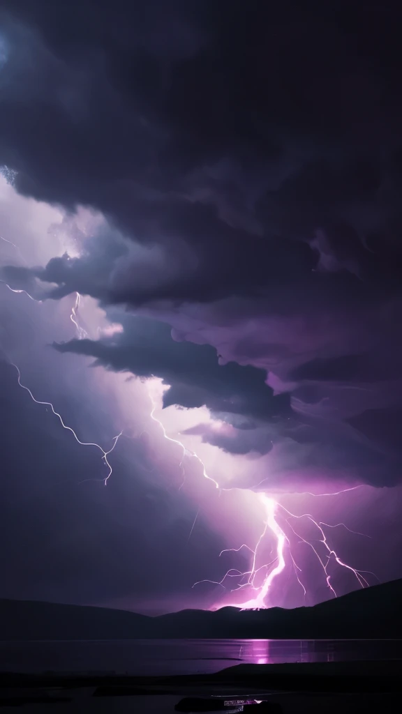 purple lightning streaks over a body of water under a cloudy sky, a picture by Anato Finnstark, tumblr, romanticism, dramatic purple thunders, pink lightning, pink storm clouds, magenta lighting. fantasy, purple lightning, beautiful lightning, dramatic pink light, purple. ambient lightning, lightning clouds, beatifull lightning, amazing lightning, exquisite lightning