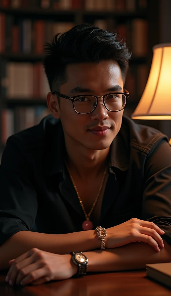 nsfw, best quality, masterpiece, extremely detailed, masculine, sexy, homoerotic, 25 year old bruneian malay man, wearing glasses, round face with chubby cheeks, muscular build, cheeky smile, fitted clothes, rose quartz crystal pendant, bead bracelet, bends forward and elbows on a table, in library, side view, afterhours, lights off, at midnight, cinematic shadows, dreamy atmosphere, perfect face, perfect hands, perfection