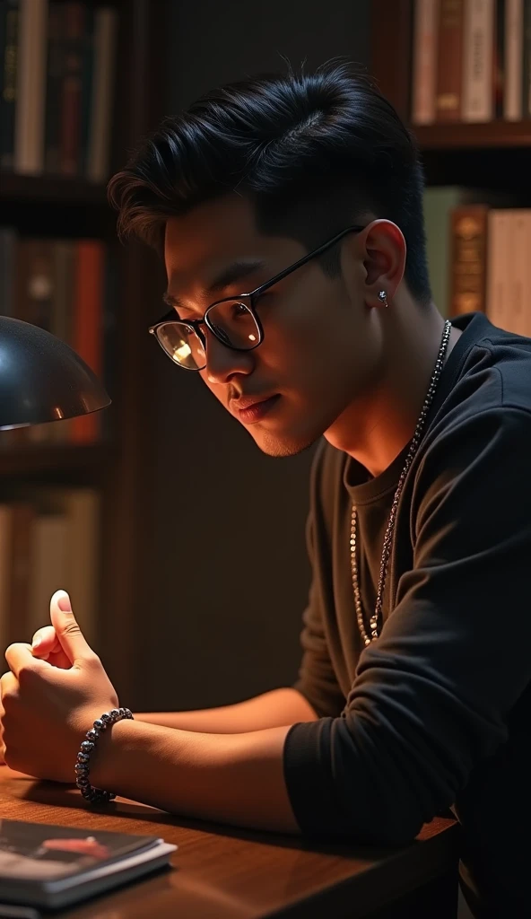 nsfw, best quality, masterpiece, extremely detailed, masculine, sexy, homoerotic, 25 year old bruneian malay man, wearing glasses, round face with chubby cheeks, muscular build, cheeky smile, fitted clothes, rose quartz crystal pendant, bead bracelet, bends forward and elbows on a table, in library, side view, afterhours, lights off, at midnight, cinematic shadows, dreamy atmosphere, perfect face, perfect hands, perfection