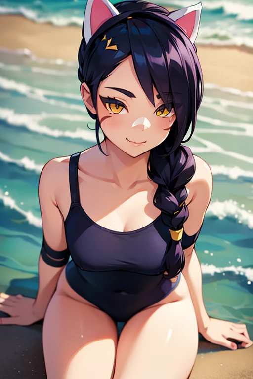 Erisa, 1girl, solo, long hair, looking at viewer, black hair, bandaid on face, yellow eyes, animal ears, smile, bandaid on nose, braid, cat ears, bandaid, bangs, breasts, fake animal ears, simple background, fang, bare shoulders, scar, bare shoulders, closed mouth, hair over one eye, portrait, hair over shoulder, legs, seductive, bathing suit, 2 piece swimsuit, beach, realistic, highly detailed face, detailed eyes, best quality, masterpiece, ultra detail, ultra high res, extreme detail, 8k, uhd, curvy,