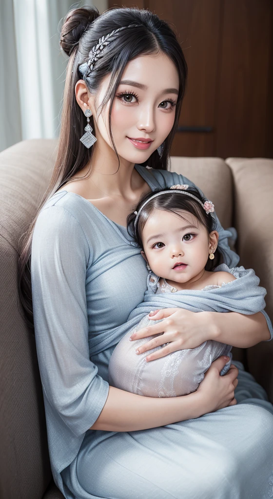 Female ((29 years old)), hair (( long, silver )), clothes ((vintage dress, pattern, blue)), half open chest cloths, accessories ((earrings, hair clip)), hair bun, huge , korean make-up look, smiling, sitting on couch, carrying a on her lap, ( hyper detailed face of the baby