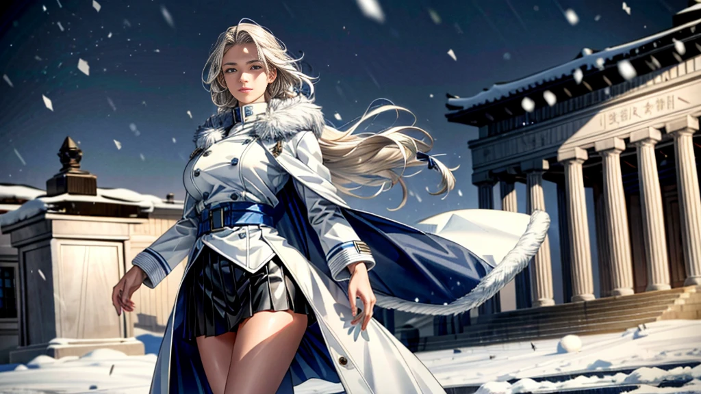 (highest resolution, distinct_image), realistic, Best quality, single person, one girl, solo, masterpiece, highly detailed, realistic, long hair, braided white blond hair, (blue military uniform underneath the coat), depth of field, (falling snow), ((big breasts)), authoritative, dignified, calm and powerful expression, ambient lighting, exquisite facial feature, (fur-trimmed white coat), open coat, short skirt, looking at viewer, head to waist, dynamic angle, light smile, ((from front)), full body, (((quiet and spacious plaza in background)))