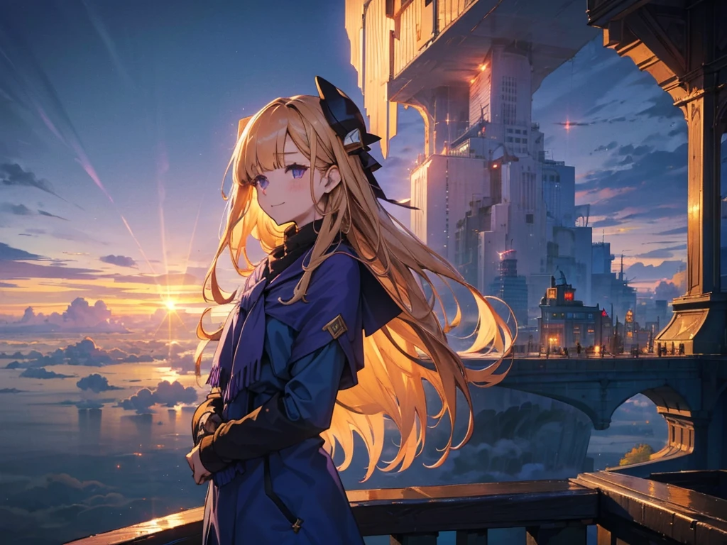 A huge city in the sky, A town above the clouds, A floating school city, you can see the horizon, There is a city below,A girl１people, Purple Eyes, Golden Hair