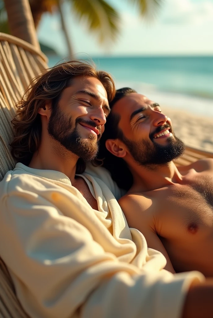 Jesus Christ and a Japanese man relaxing in a hammock on the beach. They close their eyes and rest with wise and benevolent faces. They close their eyes and smile happily. they are shining. Surrounded by rainbow-colored light. Jesus of Nazareth is depicted as a gentle, gentle man with shoulder-length hair. His wavy brown hair flows over his shoulders. His captivating hazel eyes convey deep wisdom and empathy, radiating warmth and understanding. The Japanese man is depicted as a kind-hearted Japanese man with a shaved head like Buddha and a calm and cheerful expression. His captivating dark eyes convey deep wisdom and empathy, radiating warmth and understanding. Summer beach, cocktails. Photography, close-up, highly detailed, trending at the art station, sharp focus, studio shot, intricate details, Greg Rutkowski,
