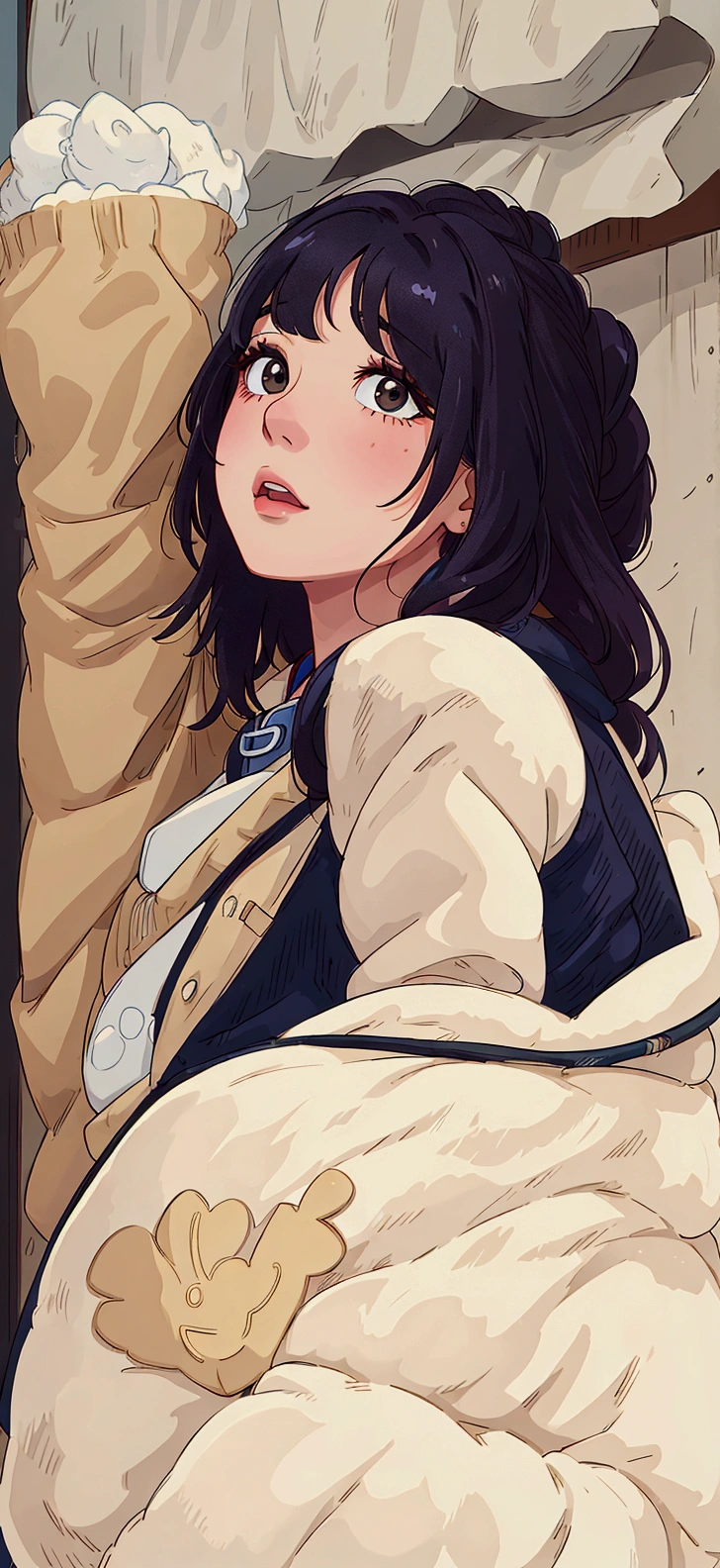 (best quality:0.8) perfect anime illustration, a close up of a woman in a puffy jacket leaning against a pole, jinyoung shin, bae suzy, heonhwa choe, korean women's fashion model, inspired by Ma Yuanyu, beautiful south korean woman, jia, xintong chen, lee ji - eun, lee ji-eun, hwang se - on, she has black hair with bangs