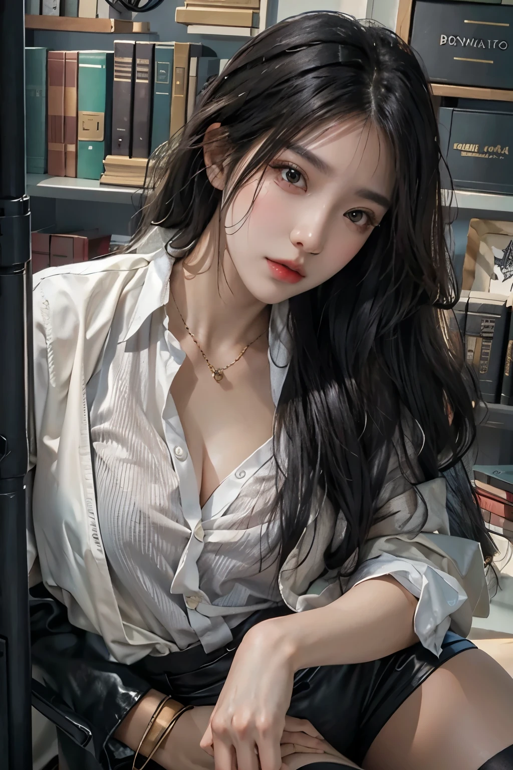 realistic, high resolution, 1 woman, alone, butt up, look at the viewer, (detailed face), black hair, long hair, office look, bijouterie