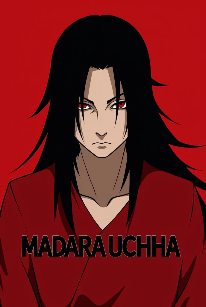 A 2D logo of madara Uchiha from Naruto anime with red background with added text MADARA UCHIHA
