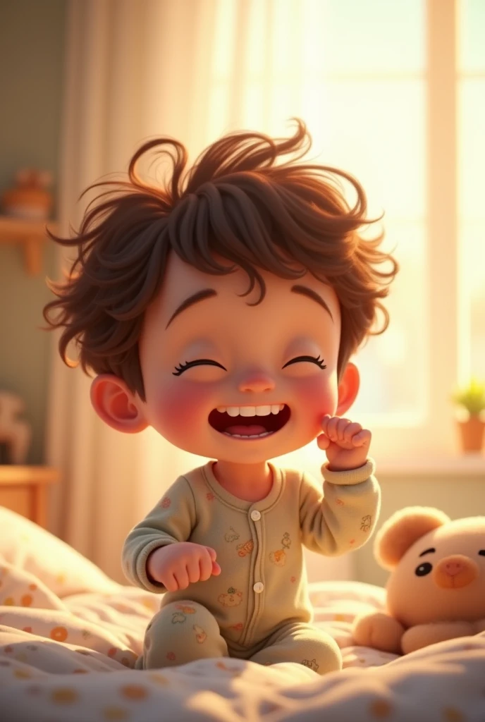 Create an animated image of a three-year-old boy with curly hair waking up