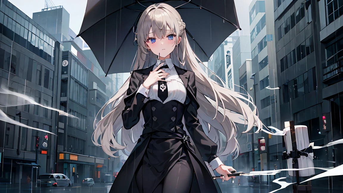 Dark grey and light brown hair、((Long hair tied back))、Looking down with a cold face、((Showing from the waist up))、((Black suit draped over shoulders))、((Wearing a white shirt underneath))、black tie、Blue-violet eyes、((Rainy gray background))、Holding a large open umbrella。Beauty、Detailed picture、Detailed clothing、(((Hold a lit cigarette in your mouth)))、(((イケメン風のBeauty)))、One girl