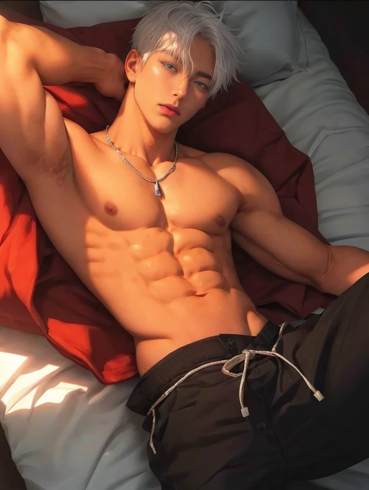 1 male, handsome Japanese male model, high resolution 4k, adult, perfect face, detailed eyes and face, muscular, white eyebrow hair, white eyelashes, Naked torso, Detailed face, perfect face, real skin texture, detail Perfect hand, details, Real and complete hand details, unreal engine, hd picture, satoru gojo, Jujutsu kaisen, white hair, short hair ,hair between eyes ,blue eyes, white skin, Open jacket, Necklace