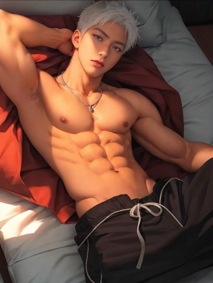 1 male, handsome Japanese male model, high resolution 4k, adult, perfect face, detailed eyes and face, muscular, white eyebrow hair, white eyelashes, Naked torso, Detailed face, perfect face, real skin texture, detail Perfect hand, details, Real and complete hand details, unreal engine, hd picture, satoru gojo, Jujutsu kaisen, white hair, short hair ,hair between eyes ,blue eyes, white skin, Open jacket, Necklace