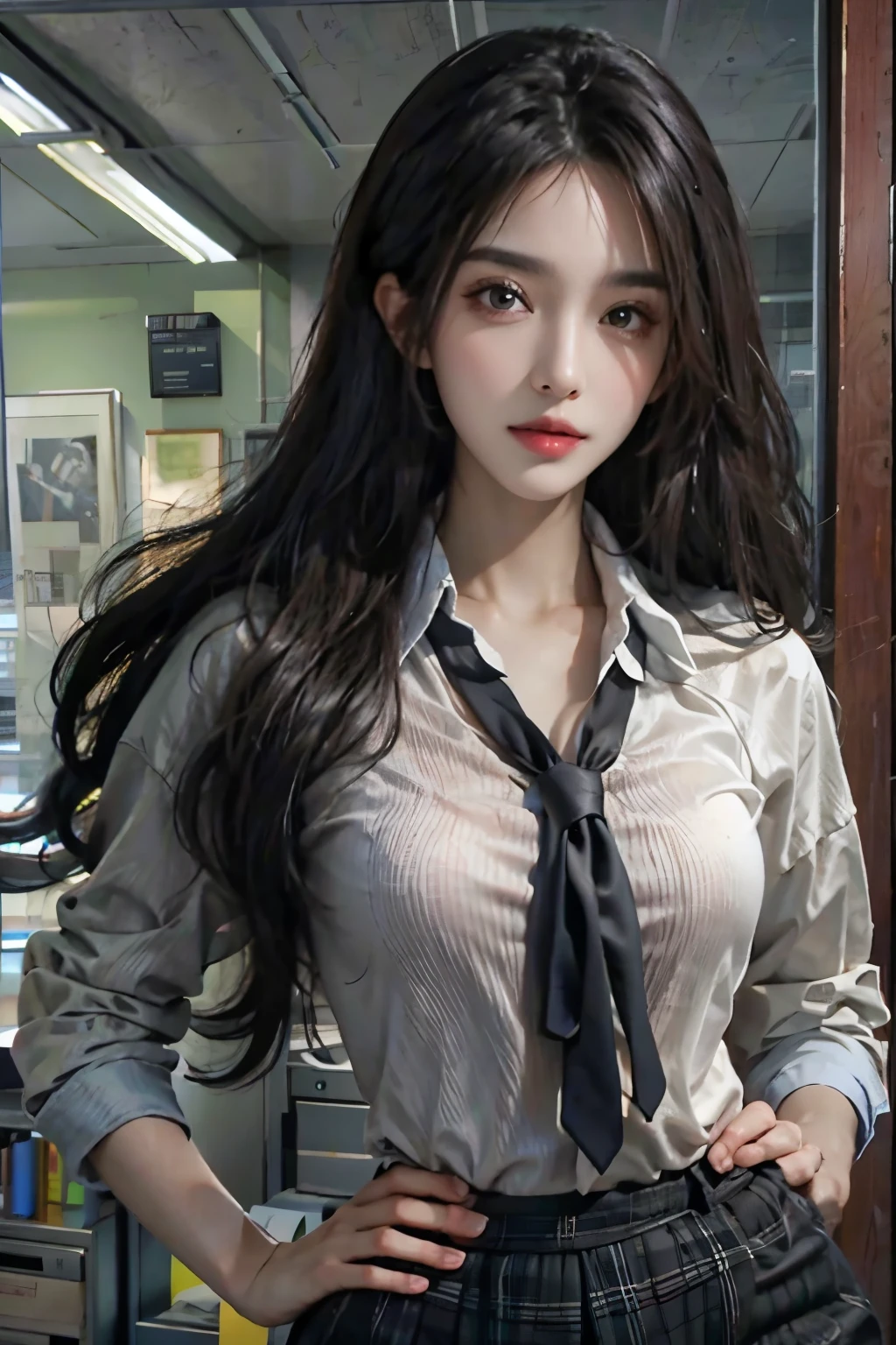 realistic, high resolution, 1 woman, alone, butt up, look at the viewer, (detailed face), black hair, long hair, office look, bijouterie