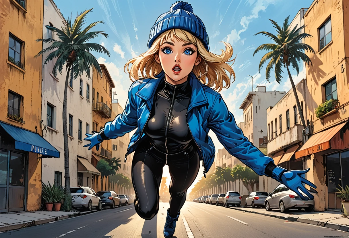 ((fullbody falling girl)), ((shocked)),((fall)), on the street in tropic, street, tropical street, palm trees,  arm extended forward,((falling girl in Blue zipped up down winter jacket and black turtleneck )) and (jeans) and blue gloves and (((blue winter hat)))) and black hiking boots, long legs in the air, adult, [Nordic], Hourglass elongated fitness body, perfect Olive skin, Oval Face, Long neck, Rounded shoulders, perfect hand, Attached Pointed ears, round forehead, (Short blonde Waves pixie hair), snub nose, Arched eyebrows, ((monolid blue Eyes)), High Round Narrow cheekbones, Dimpled Cheeks, Rounded Chin, Rounded Jawline, Full nude Lips, (blue eyes), Nude Makeup Look, long eyelashes, third breast size, long slim fitness legs in the air, graphic style of novel comics, perfect hands, 2d, 8k, hyperrealism, masterpiece, high resolution, best quality, ultra-detailed, super realistic, Hyperrealistic art, high-quality, ultra high res, highest detailed, lot of details, Extremely high-resolution details, incredibly lifelike, colourful, soft cinematic light, jump,