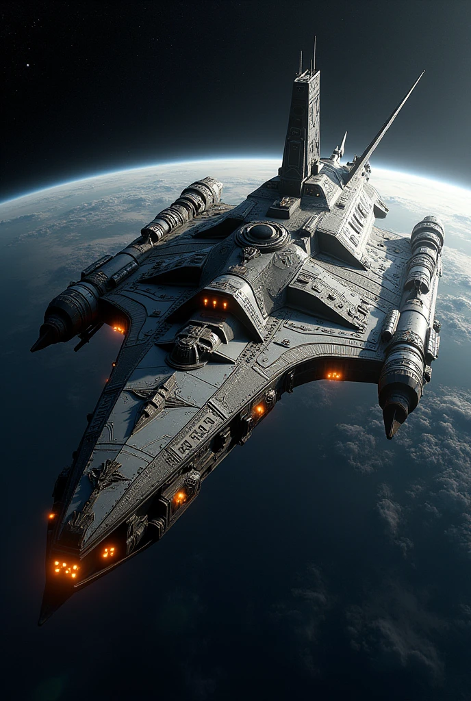 photorealistic long scifi super dreadnought spaceship in Earth's orbit, inspired by ancient norse war ships, mythology and history