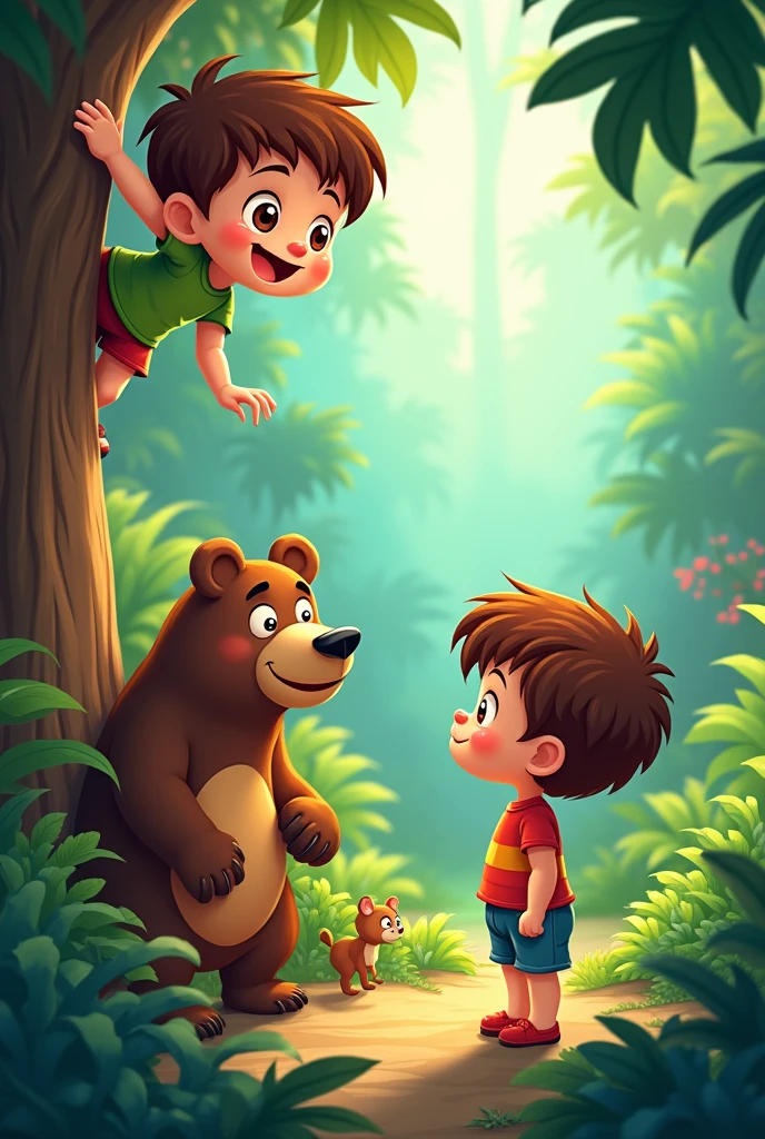 A cartoon scene of a kid climbing down from the tree after the bear has left.  Second kid is now standing up, looking relieved. The jungle background is lush and colorful, with a few animals watching from a distance. Kid looks curious, asking second kid what the bear said, while second kid appears thoughtful as he responds."