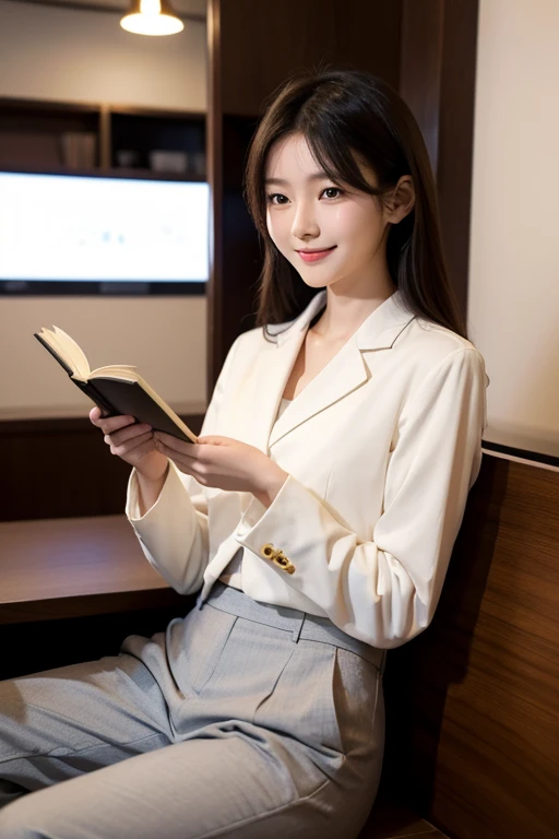 A young Japanese woman is reading a book early in the morning in a cafe near an office district。She is wearing a suit and long pants。Smiling and gazing at the book、The bright lights of the cafe illuminate her face.。You&#39;ll feel comfortable and relaxed。