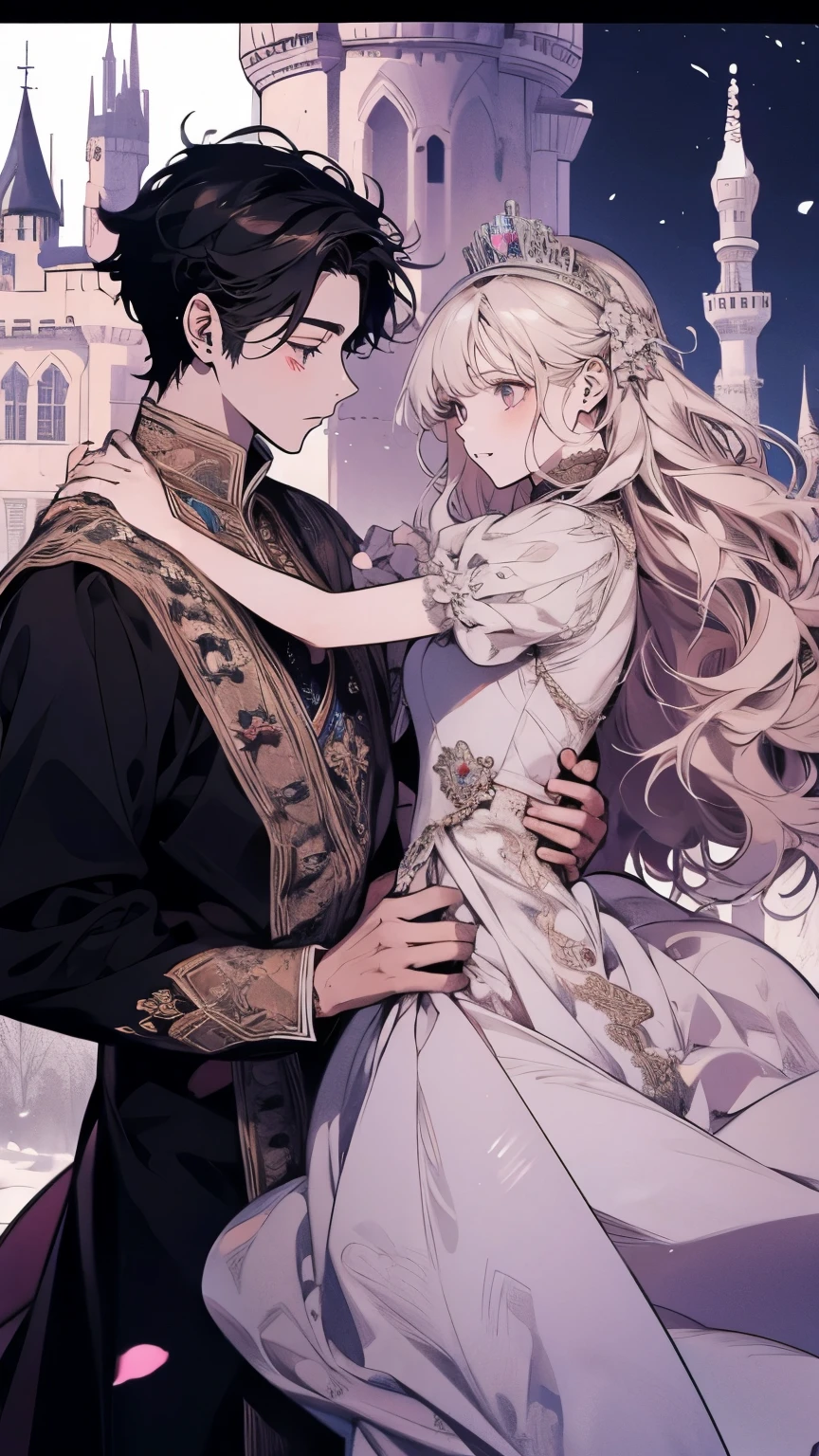 Princess、Prince、White long dress、Dance、Castle、smile