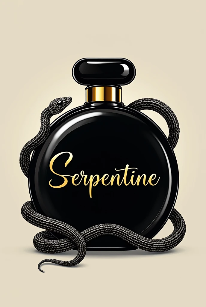 Create a logo with the title "Serpentine" in gold color, below the title add a round black perfume and around it, three small silver snakes.