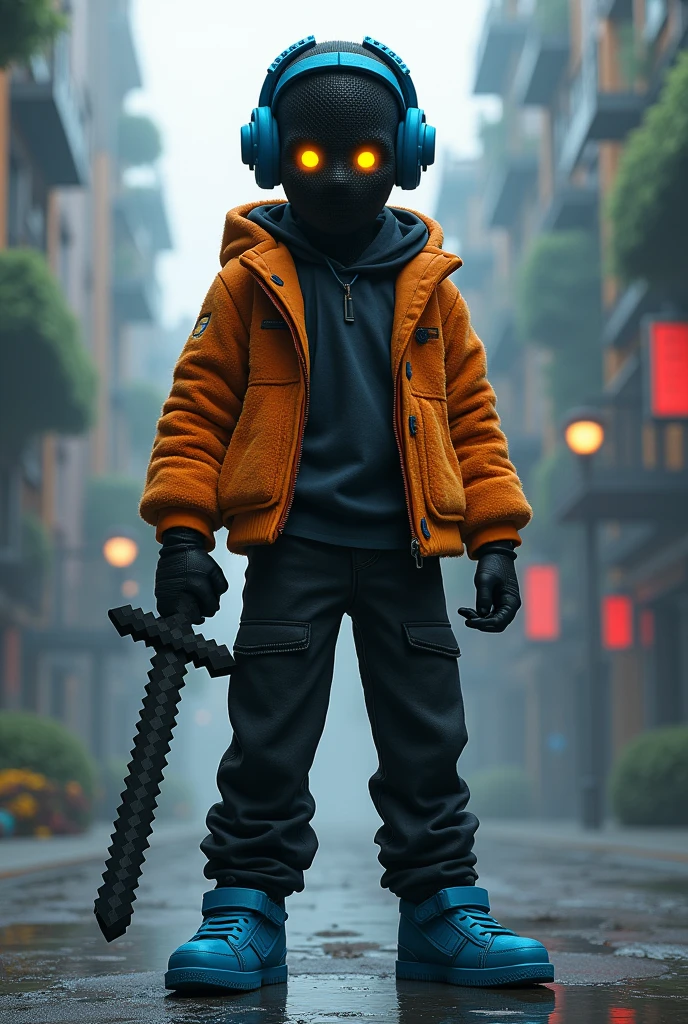 A  boy wearing a black shirt, black pants, blue shoes, an orange jacket and a blue headset, wearing a black mask and yellow eyes, and is in Minecraft, but his skin is a city and he is holding a sword. 
