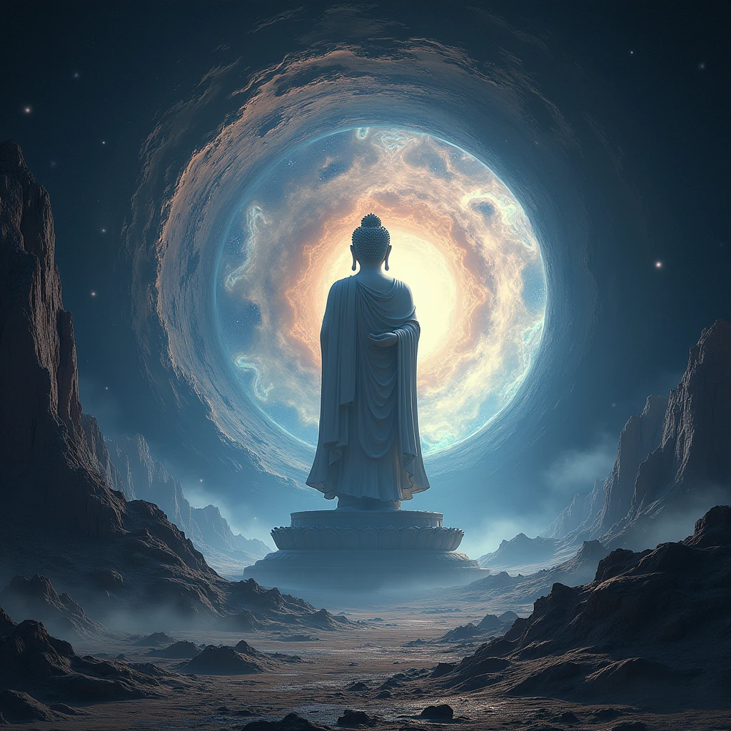 Interstellar，Endless space，The huge Maitreya Buddha statue rushed towards the huge space-time tunnel，ssee-through，depth of fields，((Masterpiece))，(Best quality))，Magnificent space image scene，surrealism, Super detail, ccurate, Best quality, hyper HD, Masterpiece, Anatomically correct, A high resolution, 16k