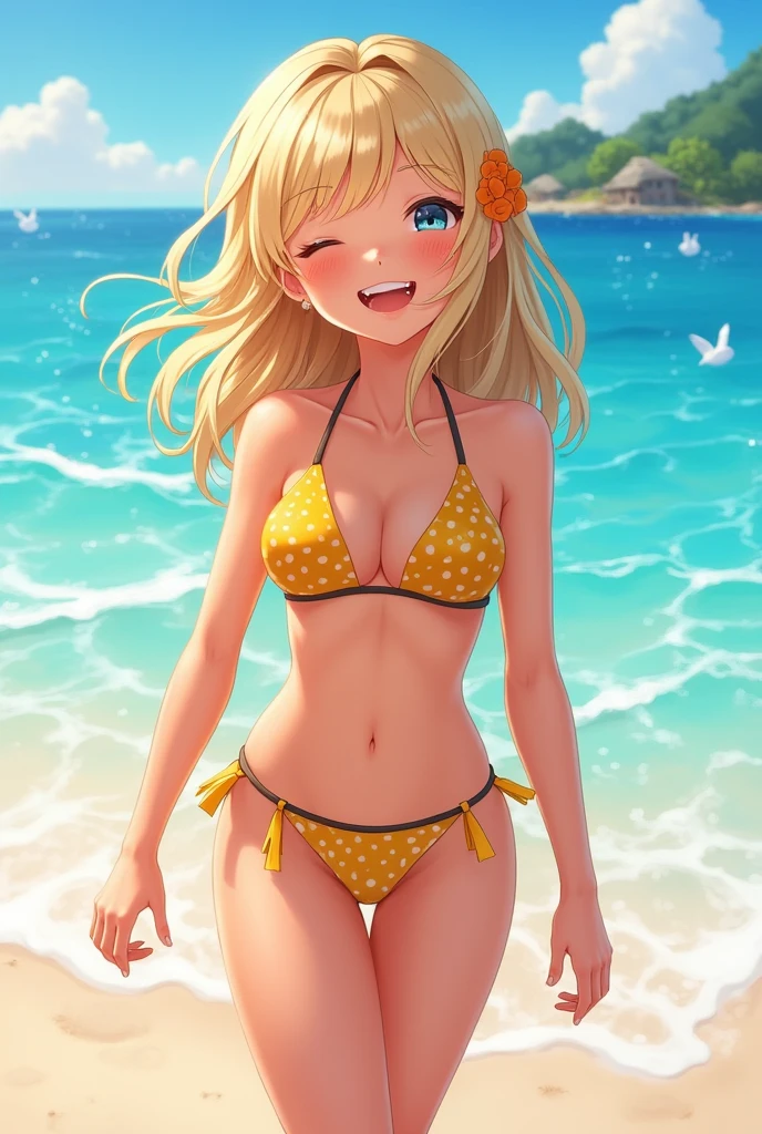 high quality, subsurface scattering, chromatic lighting,
colorized, yellow + black limited color palette,
detailed concept drawing,
on a beach
portrait, 20yo 1girl, medium soft breasts, slender, yellow hair, yellow eyes, smiling