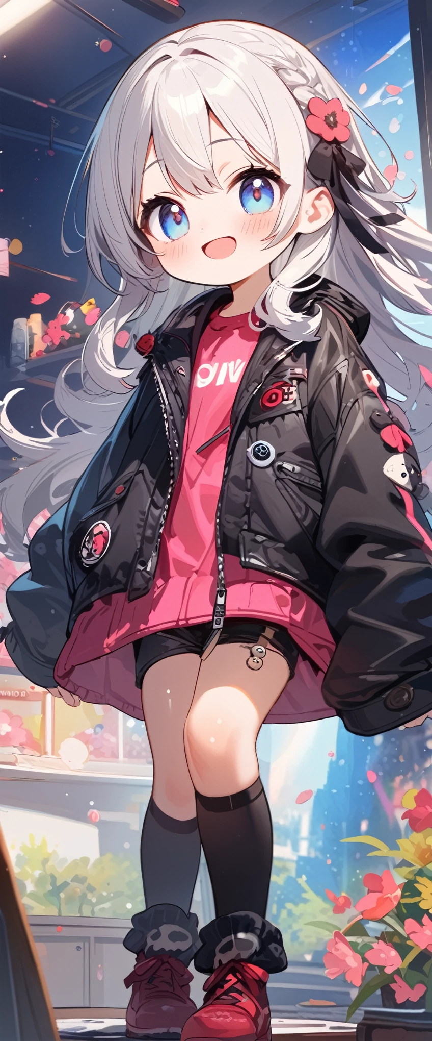 quality\(masterpiece, best quality,8k,wallpaper of extremely detailed CG unit,hight resolution,top-quality,top-quality real texture skin,hyper realisitic,increase the resolution,RAW photos,best qualtiy,highly detailed,the wallpaper\), BREAK ,1girl\(chibi,super cute, adorable, kawaii,,5 years oldg smile,cute smile,wearing jacket\((((leather\(very detailed\)))),(black:1.3),(((very big))),too big,smooth, shiny,over long sleeves\),weaing only jacket,full body,big eyes,cosmic eyes,long hair\(cosmic hair,braid hair,\)\), BREAK ,background\(at fashion studio,flowers\((black:1.3),many kinds of flowers,beautiful\),best lighting,\),flom below