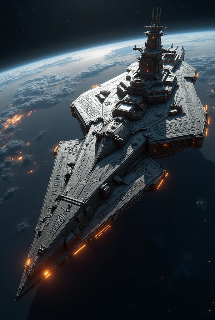 photorealistic long scifi super dreadnought spaceship in Earth's orbit, inspired by ancient norse war ships, mythology and history
