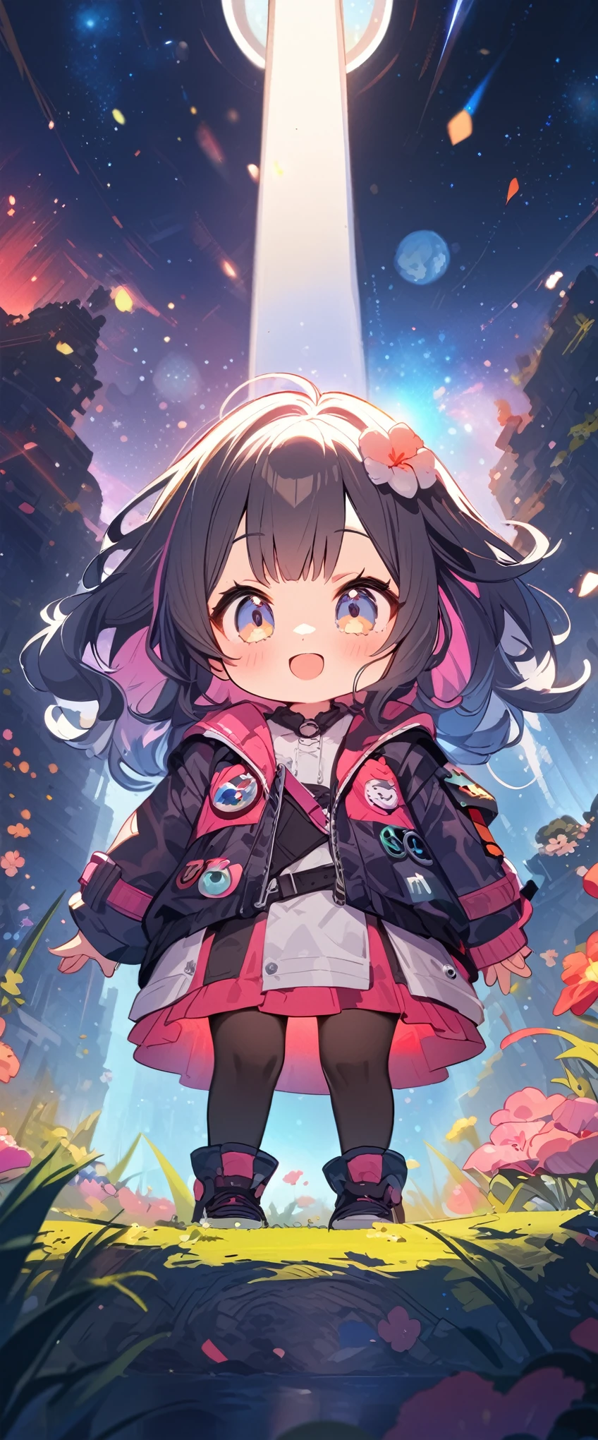 quality\(masterpiece, best quality,8k,wallpaper of extremely detailed CG unit,hight resolution,top-quality,top-quality real texture skin,hyper realisitic,increase the resolution,RAW photos,best qualtiy,highly detailed,the wallpaper\), BREAK ,1girl\(chibi,super cute, adorable, kawaii,small ???,5 years old,chibi,big smile,cute smile,wearing jacket\((((leather\(very detailed\)))),(black:1.3),(((very big))),too big,smooth, shiny,over long sleeves\),weaing only jacket,full body,big eyes,cosmic eyes,long hair\(cosmic hair,braid hair,\)\), BREAK ,background\(at fashion studio,flowers\((black:1.3),many kinds of flowers,beautiful\),best lighting,\),flom below