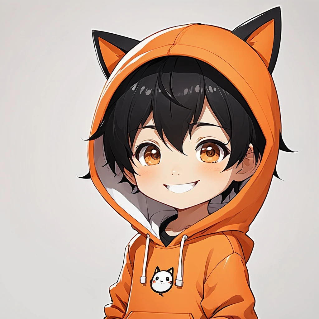 One cute 、anime、mascot、A plain orange hoodie、The background is simple white、Black Hair 、Smiling