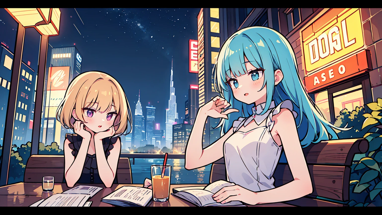 (masterpiece, best quality),2 women, different hair colors, different faces,letterboxed, perfection of fashion,Burton lips, sleeveless,dress,upper body, side,park bench with lake,Sitting on a chair and talking,Night view of Dubai Tower, Full of neon signs