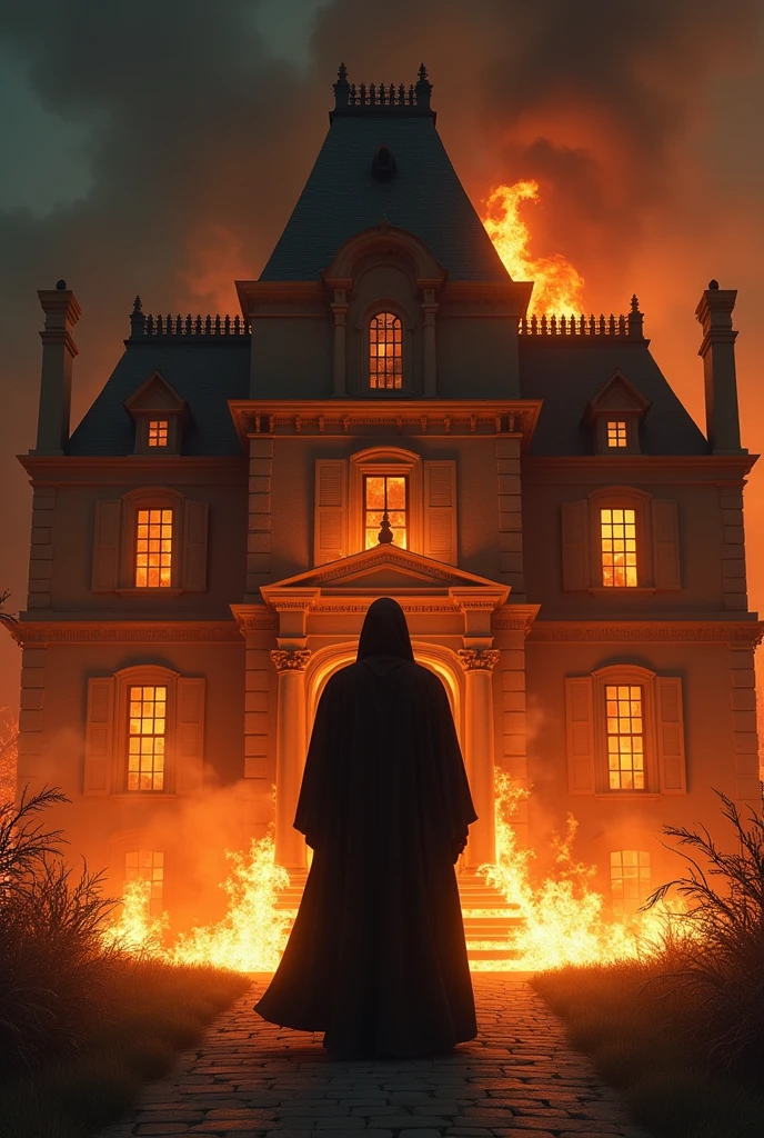 Create a burning mansion in front of the door, put a man dressed in black but his face cannot be seen